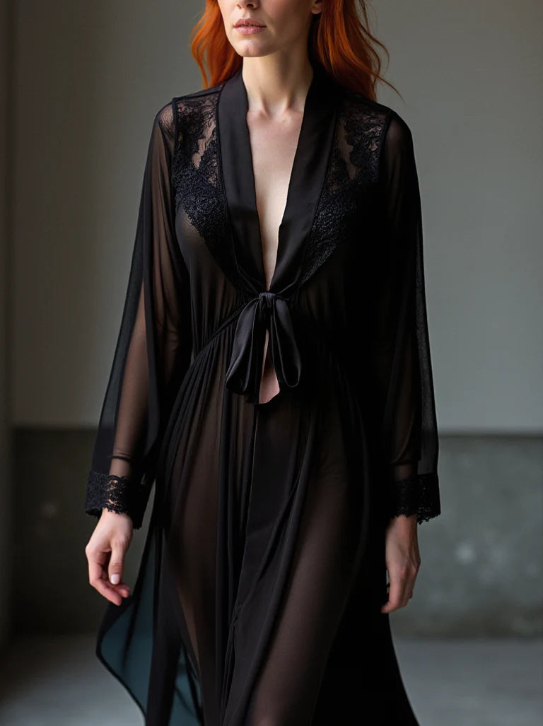 Sheer Terminator Lace, Tulle and Satin Long Draped Back Robe by Carol Coelho Intimates 