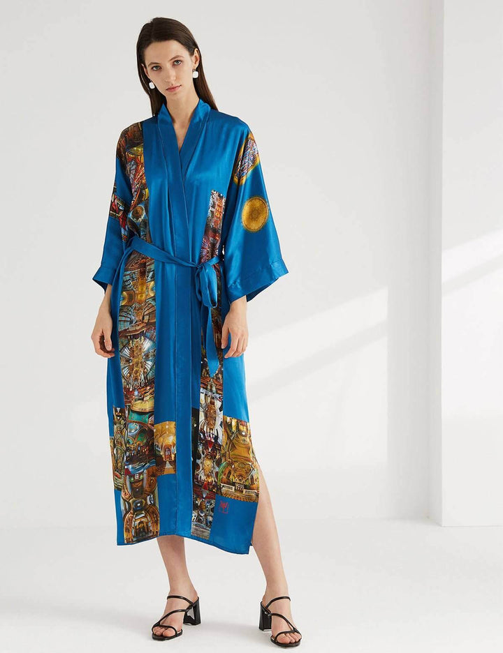 Paris Cathedral Kimono Robe featuring luxurious designs in vibrant blue, perfect for elegant lounging.