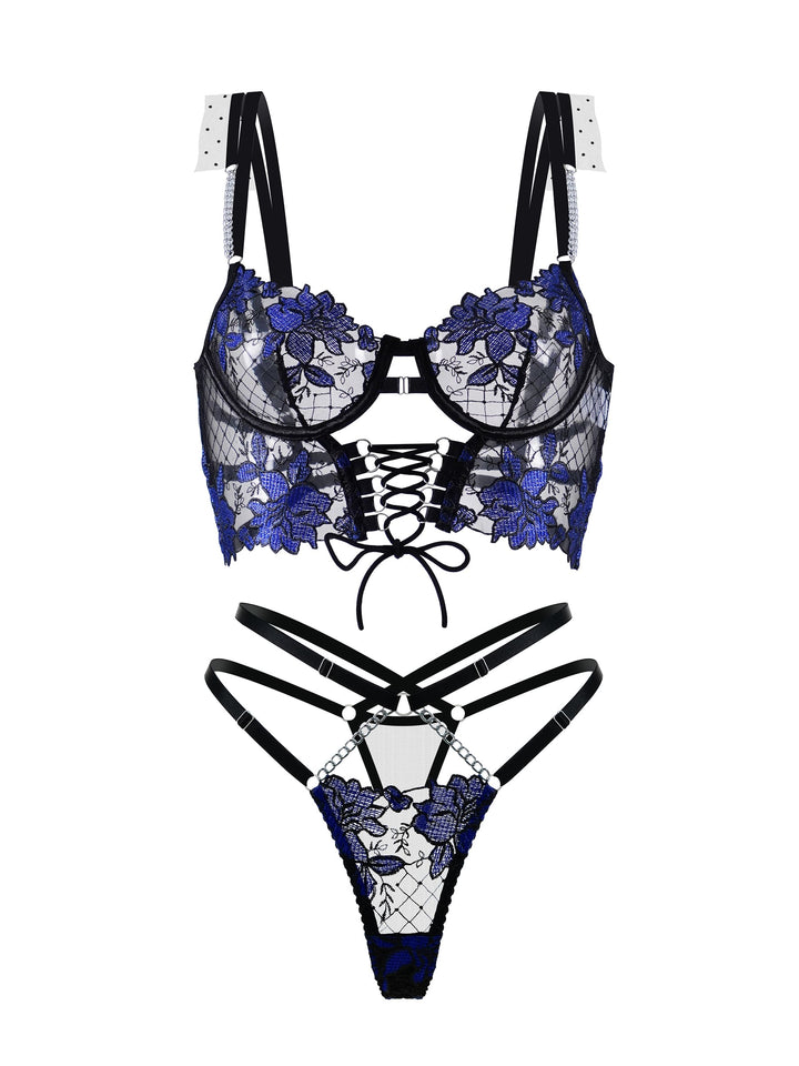 Freya Sculpting Bustier and Thong Set by Hello.LA.Girl, stylish black mesh lingerie with blue floral embroidery.