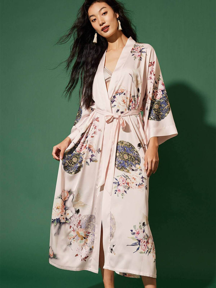 Garden Crane Blush Kimono Robe featuring hand-painted floral prints and luxurious, silky comfort.