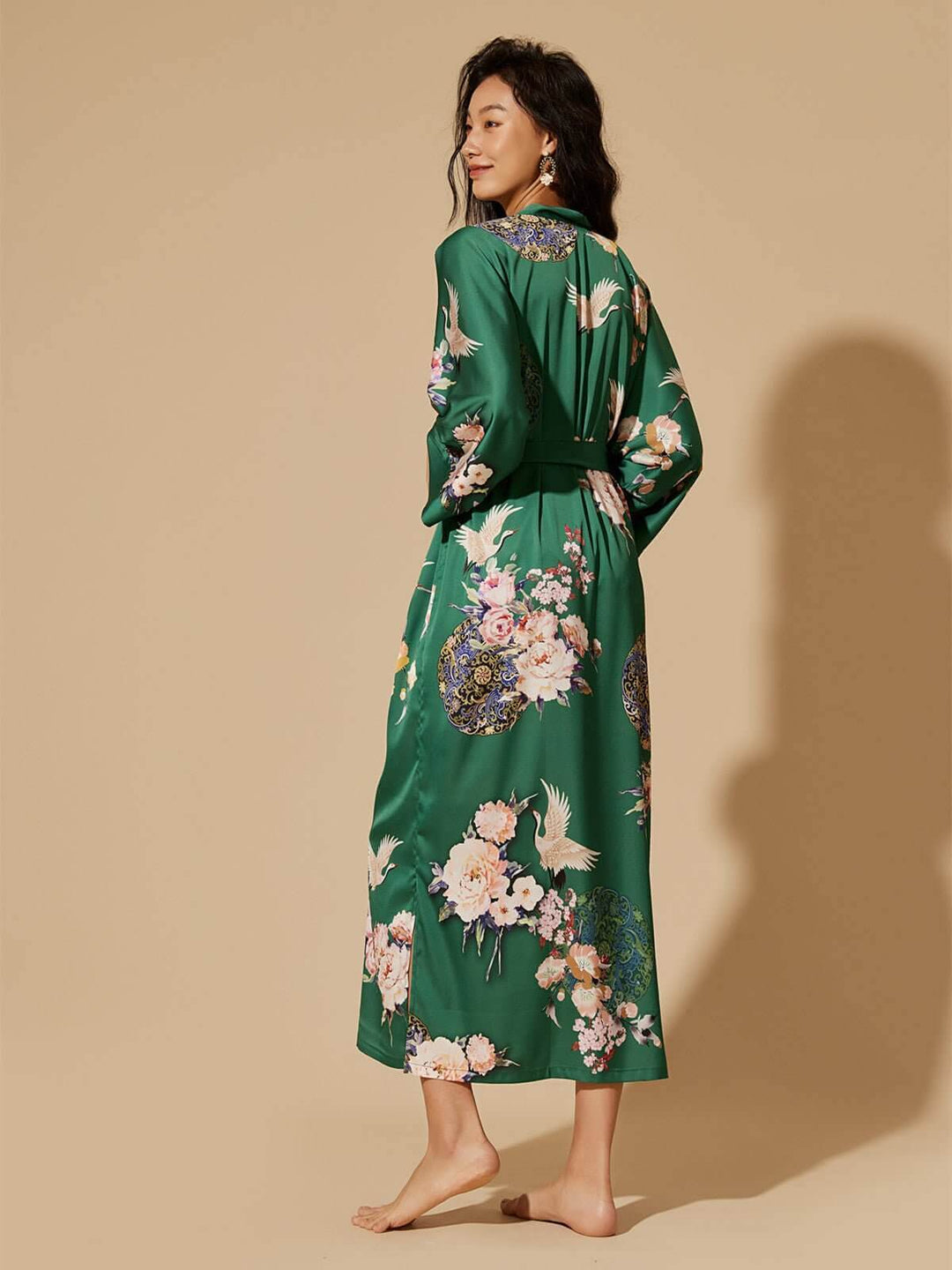 Elegant Garden Crane Green Kimono Robe showcasing luxurious floral design and soft polyester charmeuse fabric.
