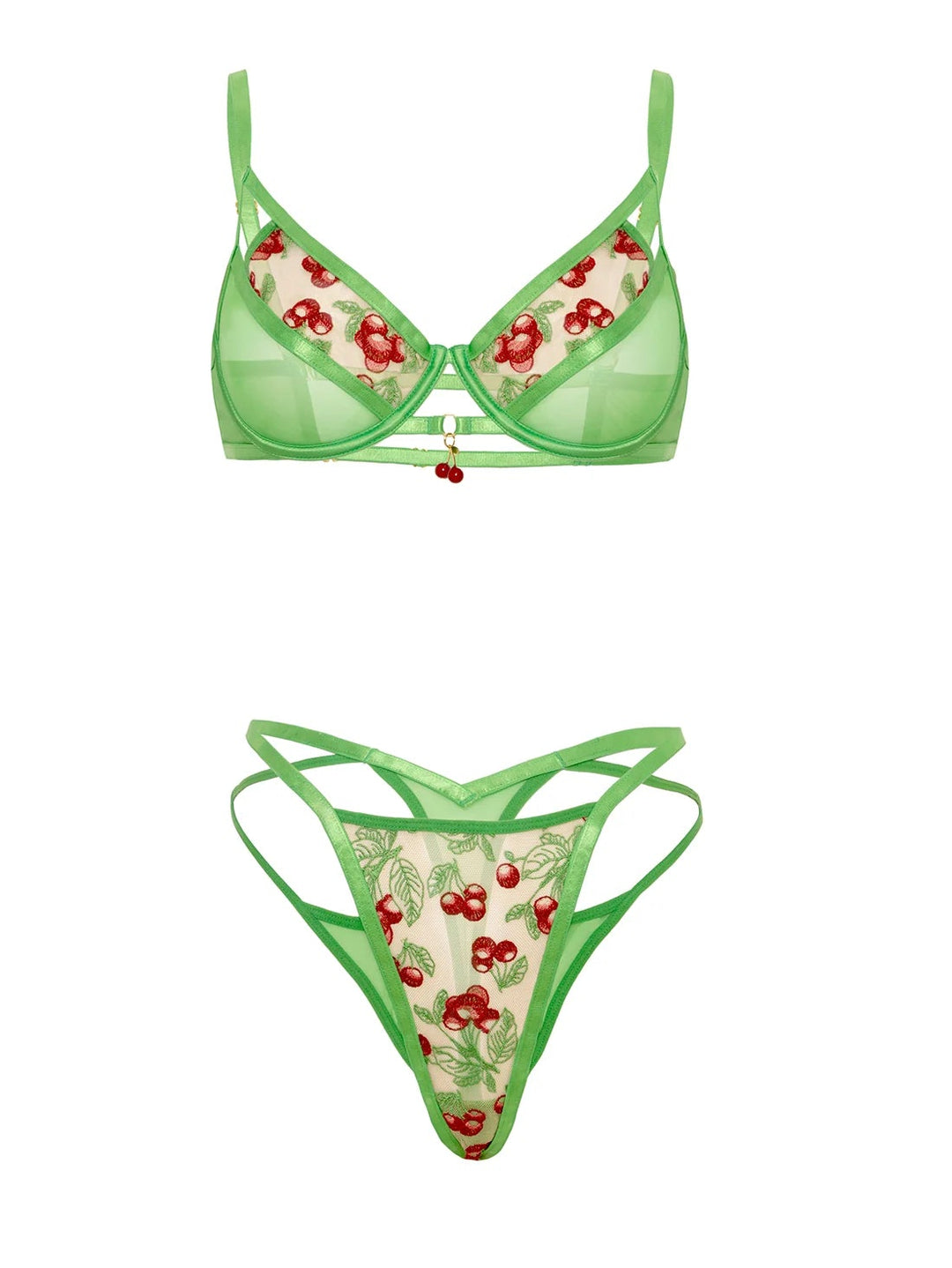 Cheri Embroidered Bra Set featuring cherry embroidery and mesh details from by oh la la cheri.