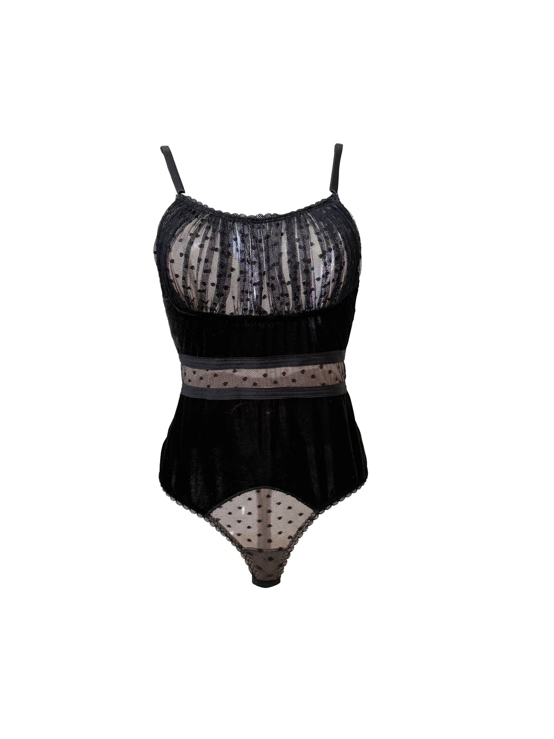 Origins Velvet Polka Dot Ruched Bodysuit featuring luxurious velvet, polka dot tulle, and adjustable straps.