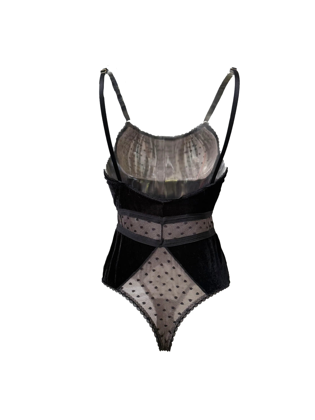 Origins Velvet Polka Dot Ruched Bodysuit featuring luxurious velvet and polka dot tulle for a sophisticated look.