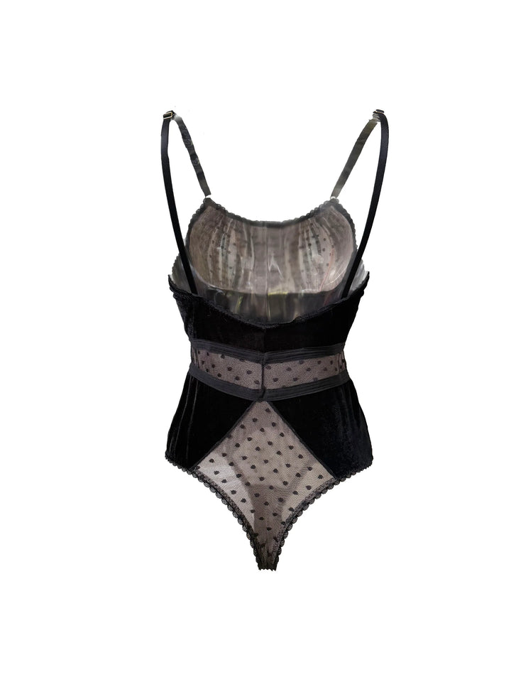 Origins Velvet Polka Dot Ruched Bodysuit featuring luxurious velvet and polka dot tulle for a sophisticated look.