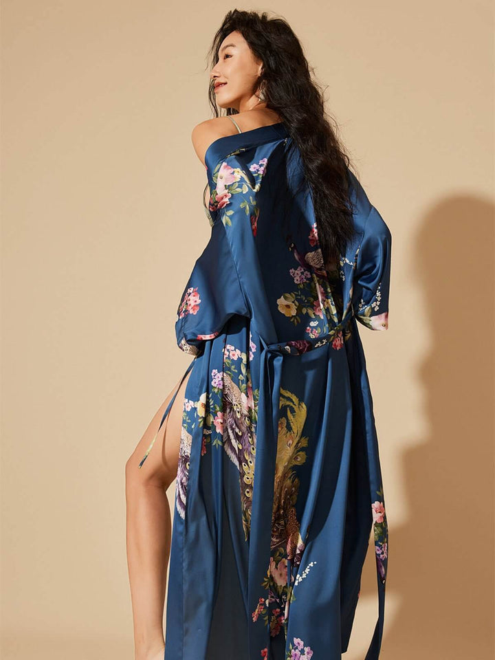 Peacock Blue Kimono Robe featuring hand-painted floral prints, showcasing luxury and silky comfort.