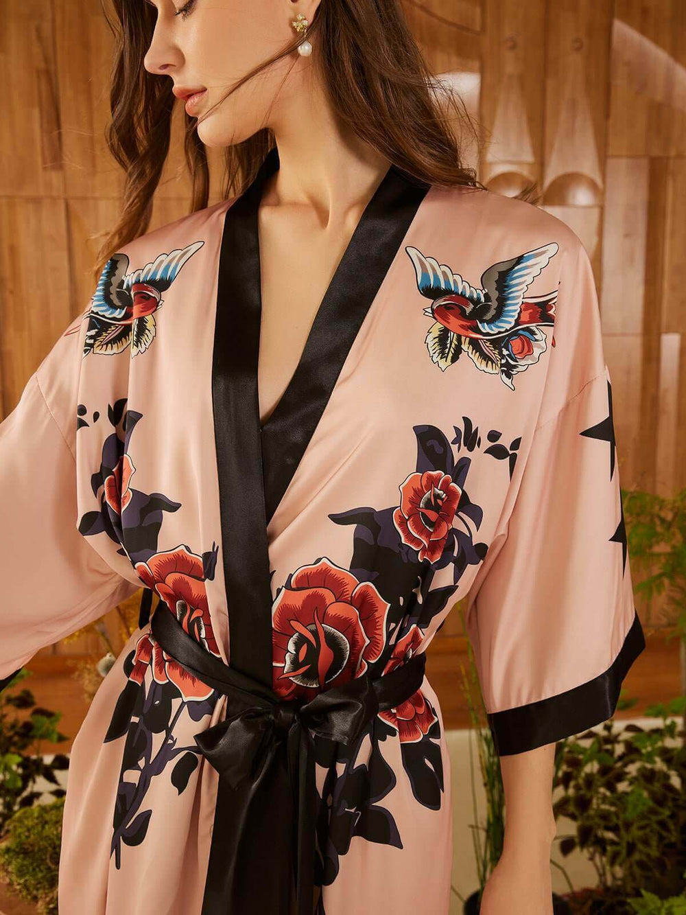 Rose Butterfly Kimono Robe featuring vibrant floral and butterfly prints, designed for luxury and comfort.