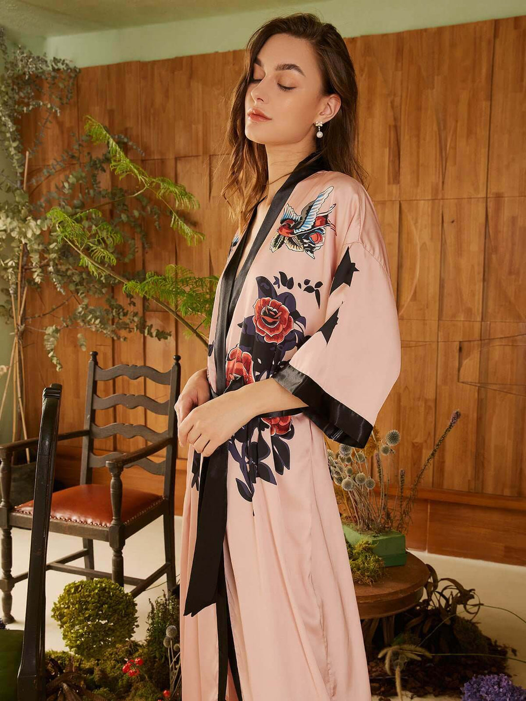 Rose Butterfly Kimono Robe featuring floral prints and elegant design, perfect for luxury relaxation.