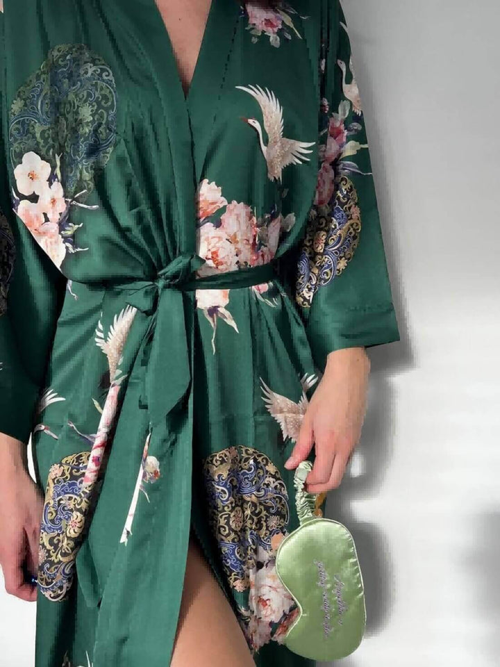 Garden Crane Green Kimono Robe featuring elegant floral designs and luxurious style, with a matching green accessory.