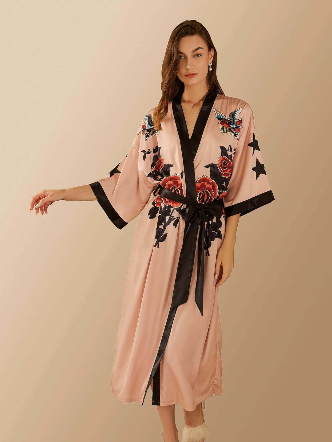 Rose Butterfly Kimono Robe showcasing floral prints and a luxurious silky texture, perfect for elegant lounging.