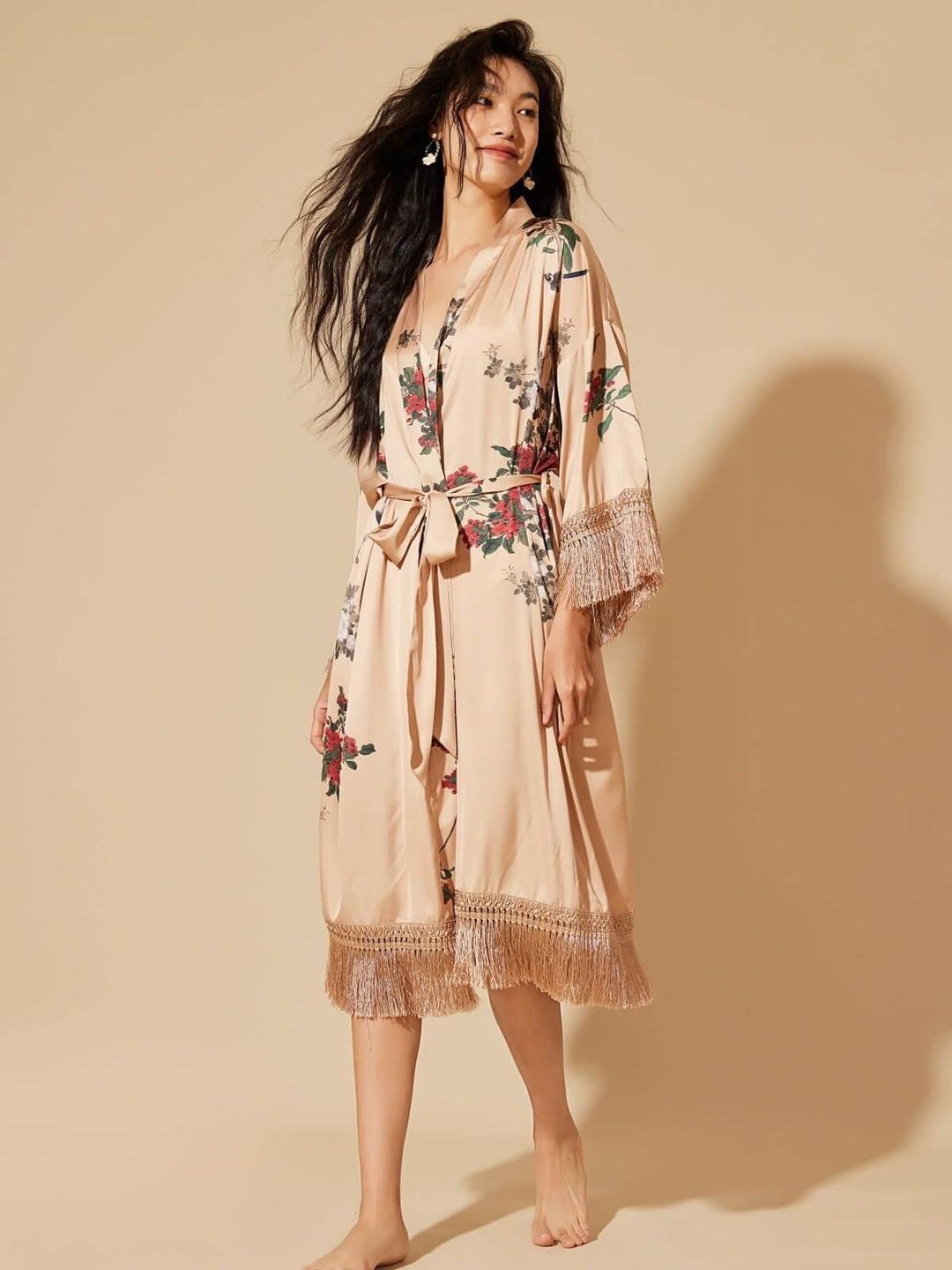 Tassels Champagne Kimono Robe featuring floral designs and tassels for luxurious comfort and elegance.