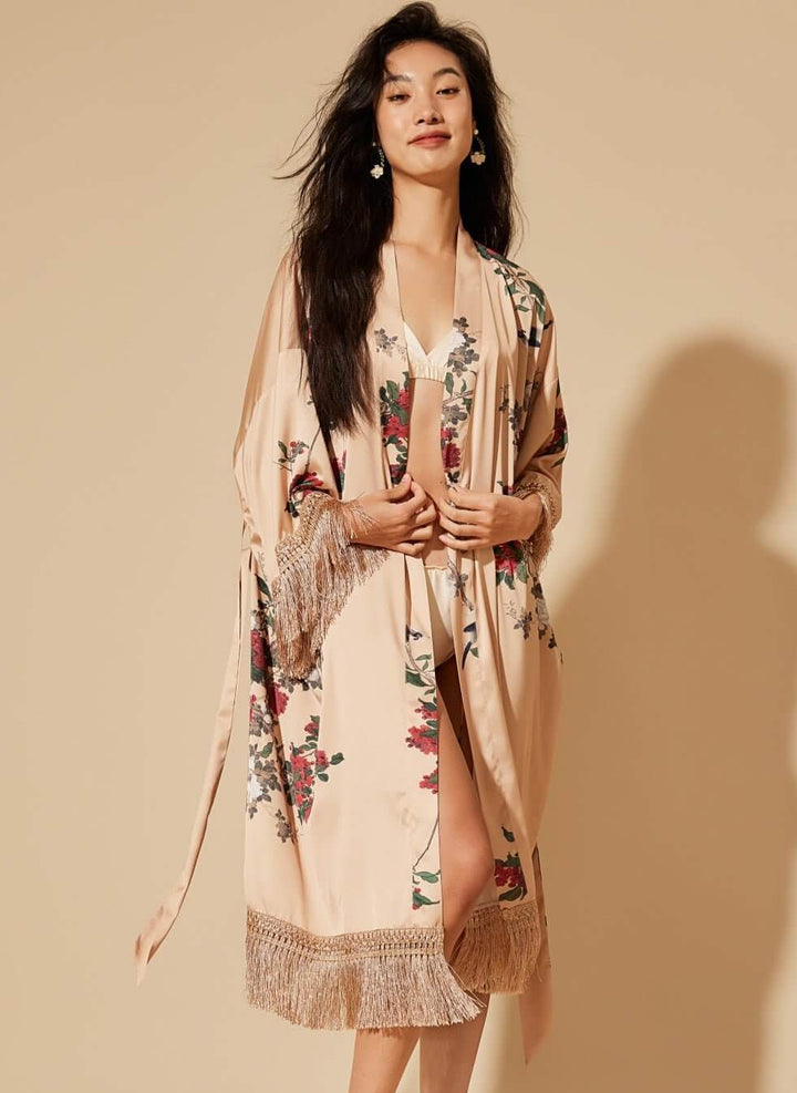 Tassels Champagne Kimono Robe featuring floral design and elegant fringe detail, embodying luxury and comfort.