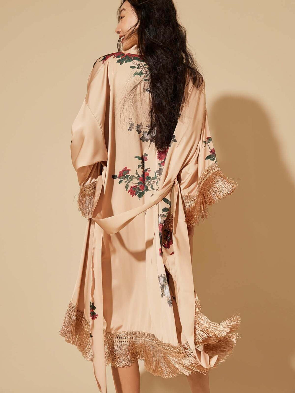 Tassels Champagne Kimono Robe showcasing luxurious floral design and fringed detailing, perfect for elegant lounging.