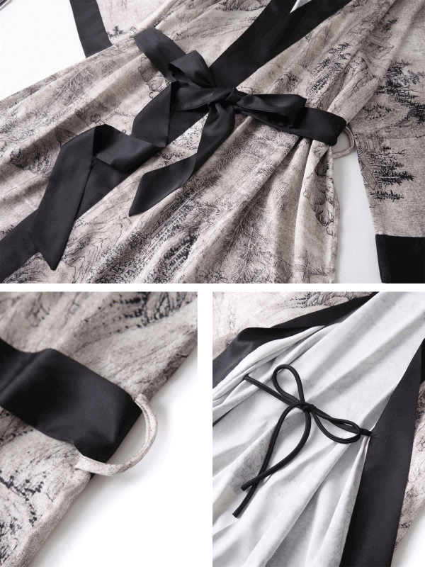 Short Kimono Robe Ink Painting with detailed design and elegant black sash, showcasing luxury fashion style.