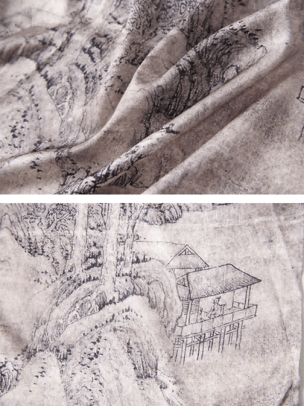 Close-up of the intricate ink painting design on a Short Kimono Robe Ink Painting, showcasing luxurious details.