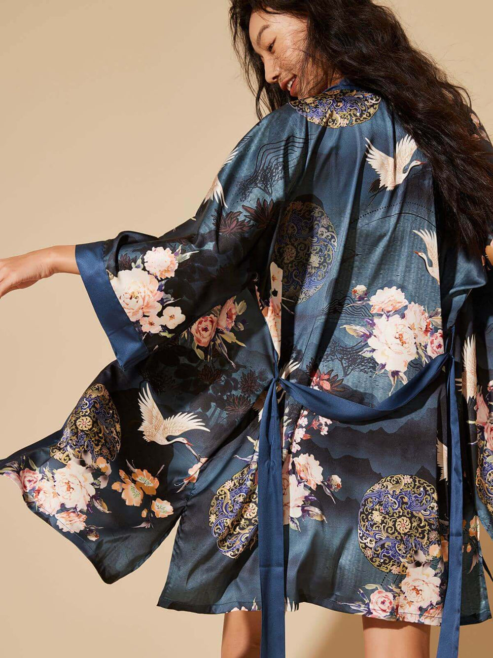 Short Kimono Robe Crane featuring hand-painted floral prints and luxurious silky comfort for elegant relaxation.