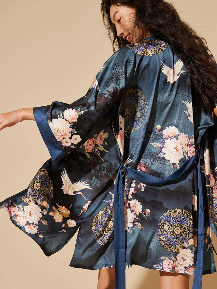Short Kimono Robe Crane featuring hand-painted floral prints and luxurious silky comfort for elegant relaxation.