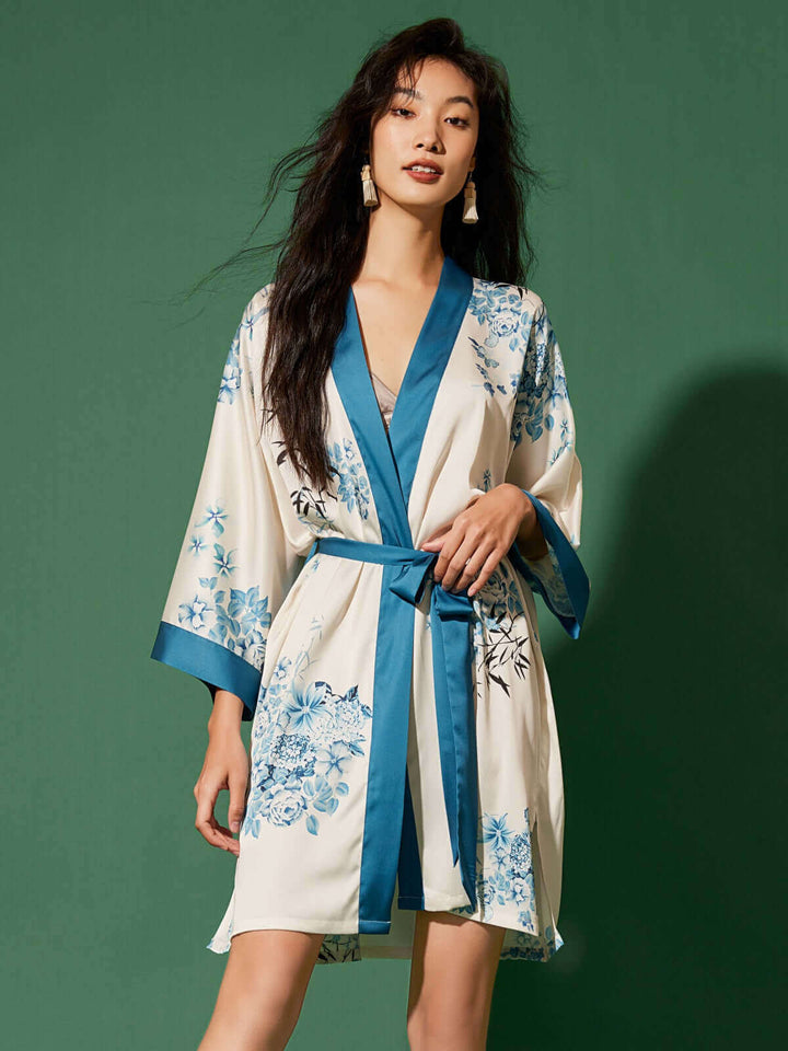 Short Kimono Robe bamboo with floral design and blue accents, perfect for luxurious comfort and style.