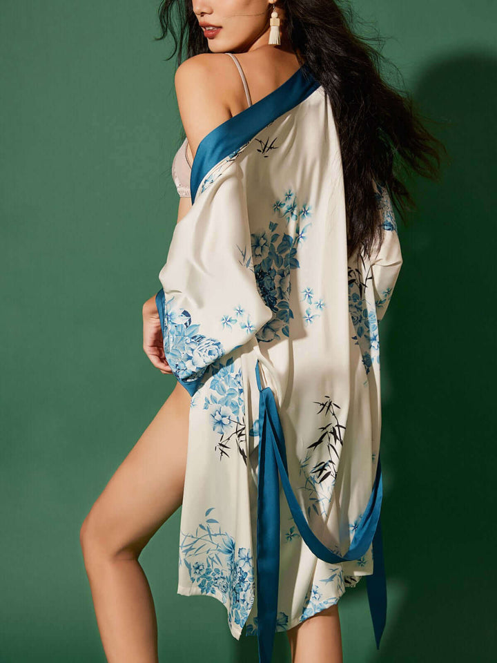 Short Kimono Robe bamboo elegantly displayed, showcasing beautiful floral patterns and luxurious silky fabric.