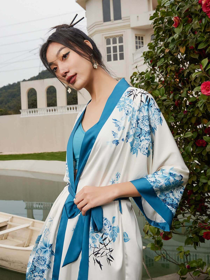 Short Kimono Robe bamboo in floral design, showcasing luxury and elegance by a serene waterfront.