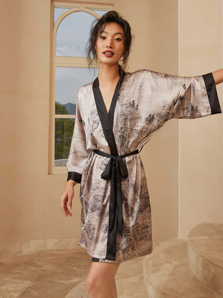 Model showcasing a Short Kimono Robe Ink Painting, embodying luxury and elegance with intricate design.