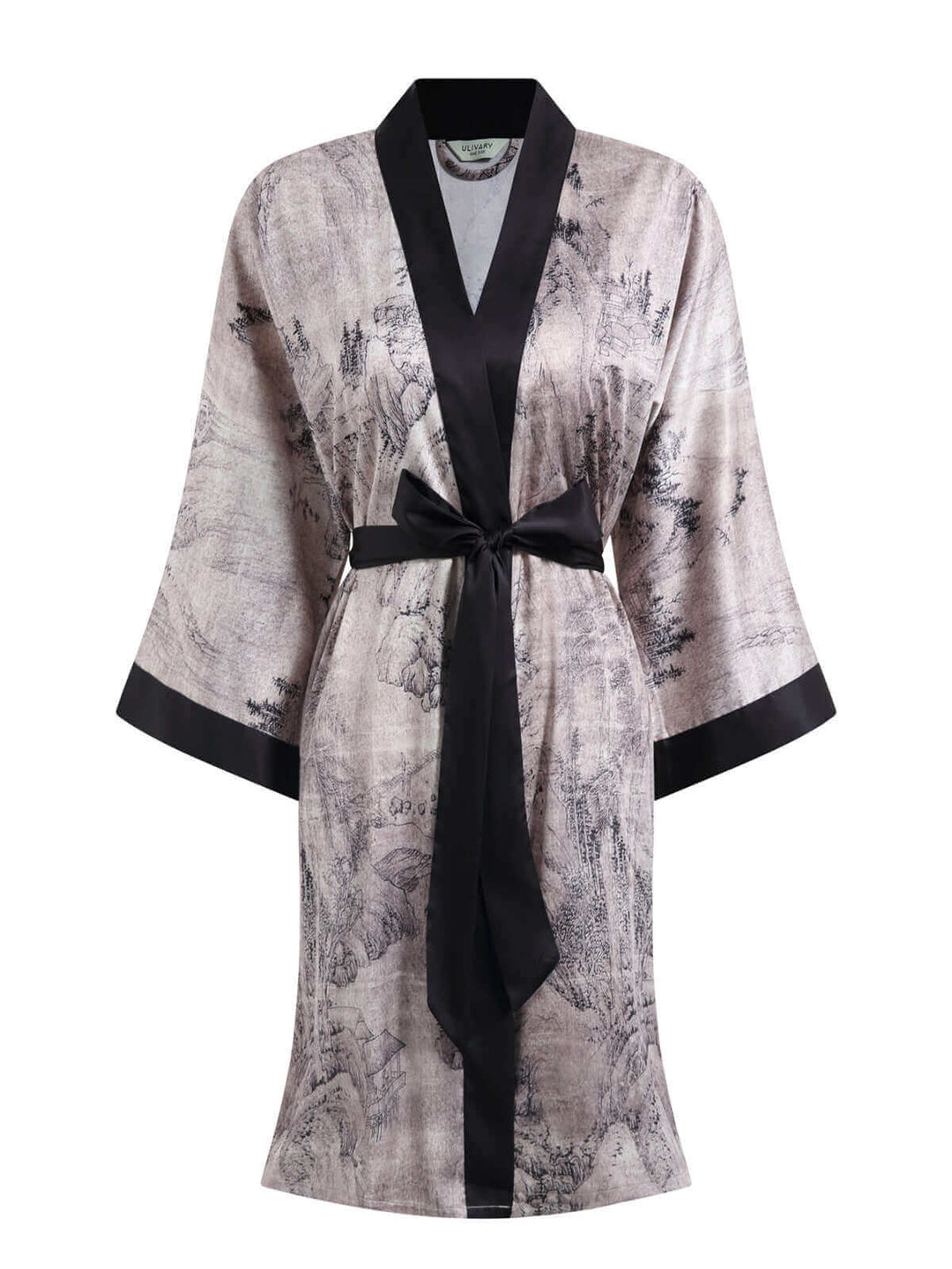 Short Kimono Robe Ink Painting featuring luxurious design and silky comfort, perfect for elegant leisure wear.