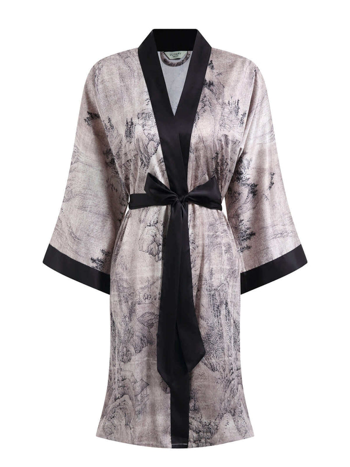 Short Kimono Robe Ink Painting featuring luxurious design and silky comfort, perfect for elegant leisure wear.