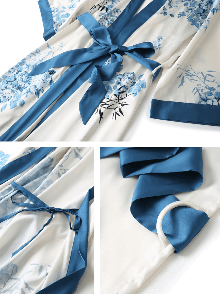 Short Kimono Robe bamboo featuring intricate floral designs and luxurious satin finish.