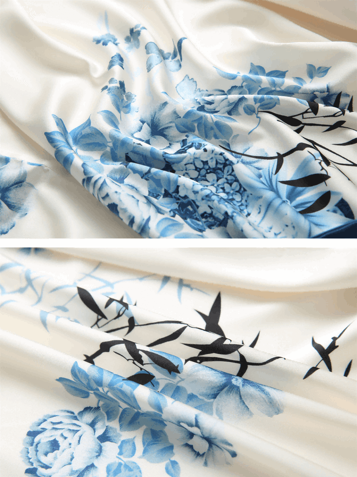 Elegant floral design in light blue on luxurious fabric, perfect for a Short Kimono Robe bamboo.