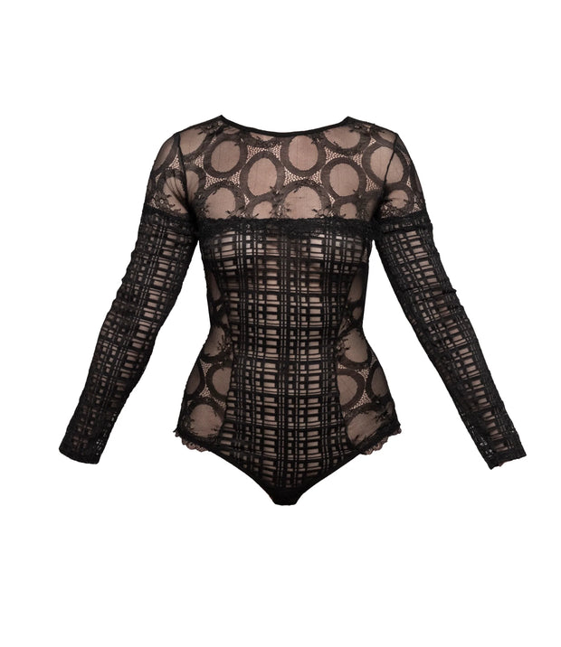 Mind Games Lace and Tulle Long Sleeves Bodysuit